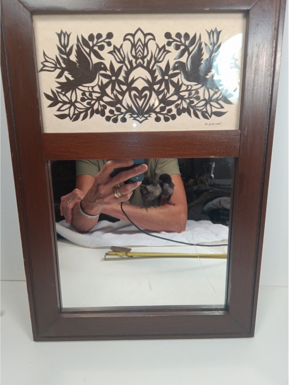 Vintage PA Dutch Scherenschnitte Paper Cut Art Wall Mirror Signed H Diener 10x15